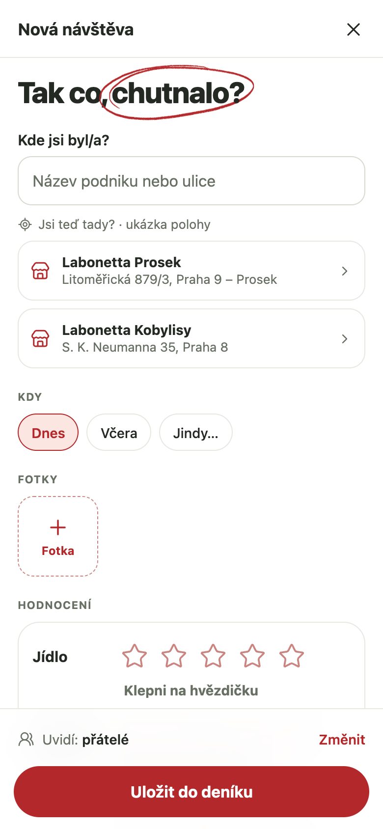 Obrazovka Nová návštěva: výběr podniku, datum, fotky a hodnocení jídla a obsluhy.